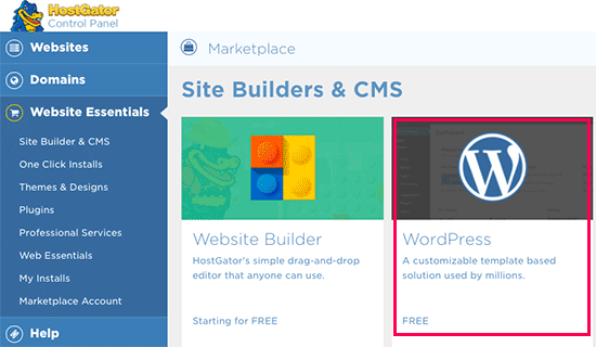 Select WordPress to begin installation Select WordPress to begin installation