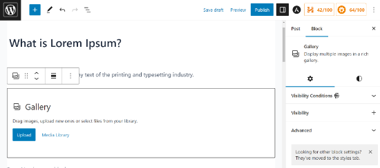 Gallery Block Added to a WordPress Page Upload images to gallery block