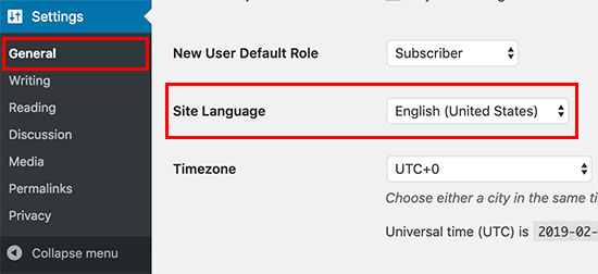 Changing language in WordPress settings Changing language in WordPress settings
