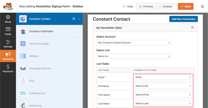 emailnewswpformsmapfields Select Email List and Map Form Fields