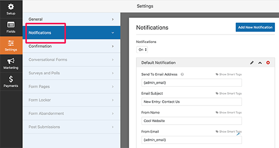 Form notification email settings Form notification email settings