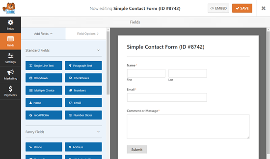 The default simple contact form The default simple contact form, showing fields for Name, Email, and Message