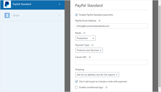 The PayPal payment settings page for your form The PayPal payment settings page for your form