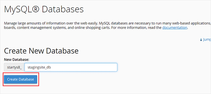 Click create database button to create a Staging site database Click create database button to create a Staging site database