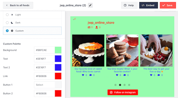 Changing the color scheme for your Instagram shoppable feed Changing the color scheme for your Instagram shoppable feed