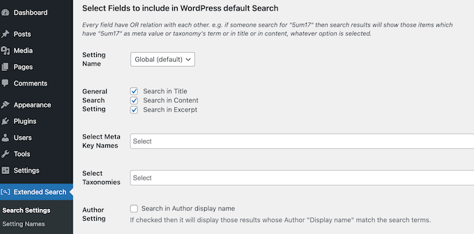 The WP Extended Search settings The WP Extended Search settings