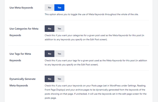 The meta keyword options that are available in All in One SEO The meta keyword options that are available in All in One SEO