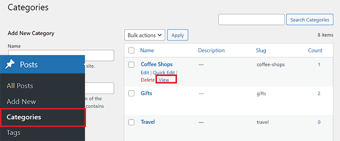 View Category URL by clicking on the View link View Category URL by clicking on the View link
