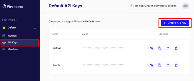 Generate Pinecone API key Generate Pinecone API key