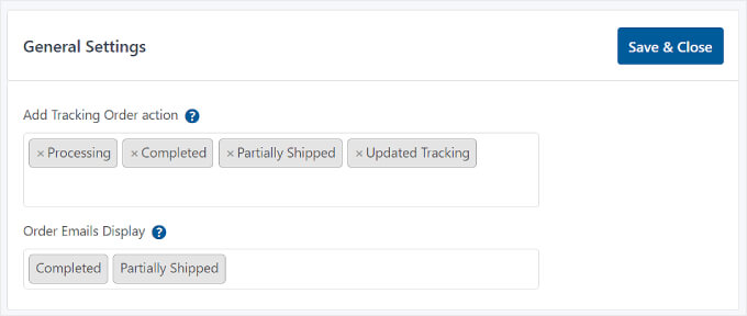 Advanced Shipment Tracking's General Settings section Advanced Shipment Tracking's General Settings section
