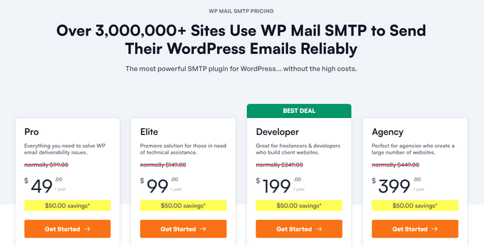 WP Mail SMTP's pricing plan page WP Mail SMTP's pricing plan page