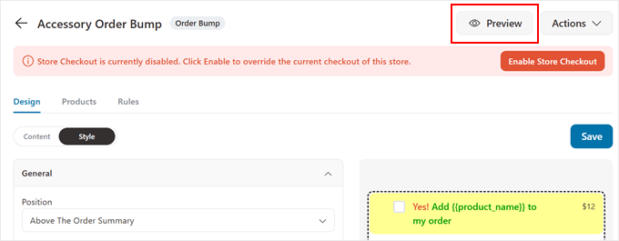 Clicking on the Preview button to see the FunnelKit order bump Clicking on the Preview button to see the FunnelKit order bump
