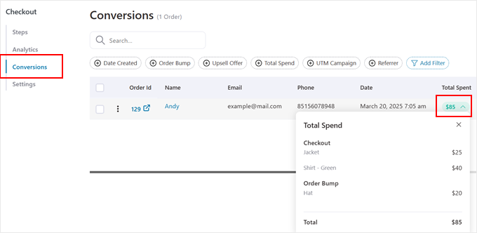 The conversion analytics section in FunnelKit The conversion analytics section in FunnelKit