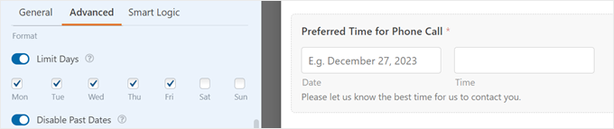 The Limit Days and Disable Past Dates settings for the Date Time field in WPForms The Limit Days and Disable Past Dates settings for the Date Time field in WPForms