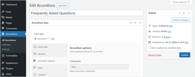 The Accordions plugin interface in WordPress The Accordions plugin interface in WordPress