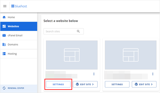 Bluehost website settings Accessing the Bluehost website settings page