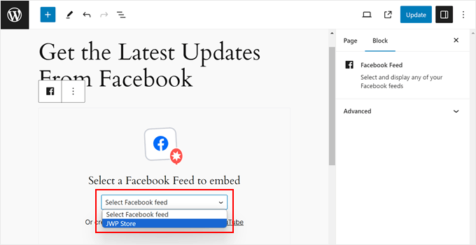 Selecting a Facebook Feed to a page in the WordPress block editor Selecting a Facebook Feed to a page in the WordPress block editor