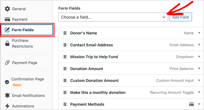 Click on Select Favicon button Form Fields WP Simple Pay