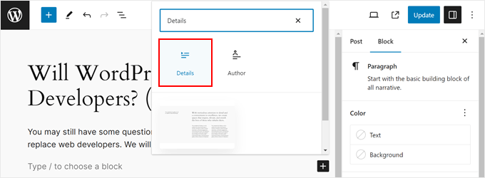 Create new folder SSH command Inserting the Details block in the Gutenberg editor