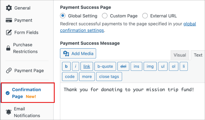 Expand the site identity tab confirmation page wp simple pay