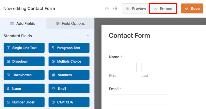 The Embed button in WPForms