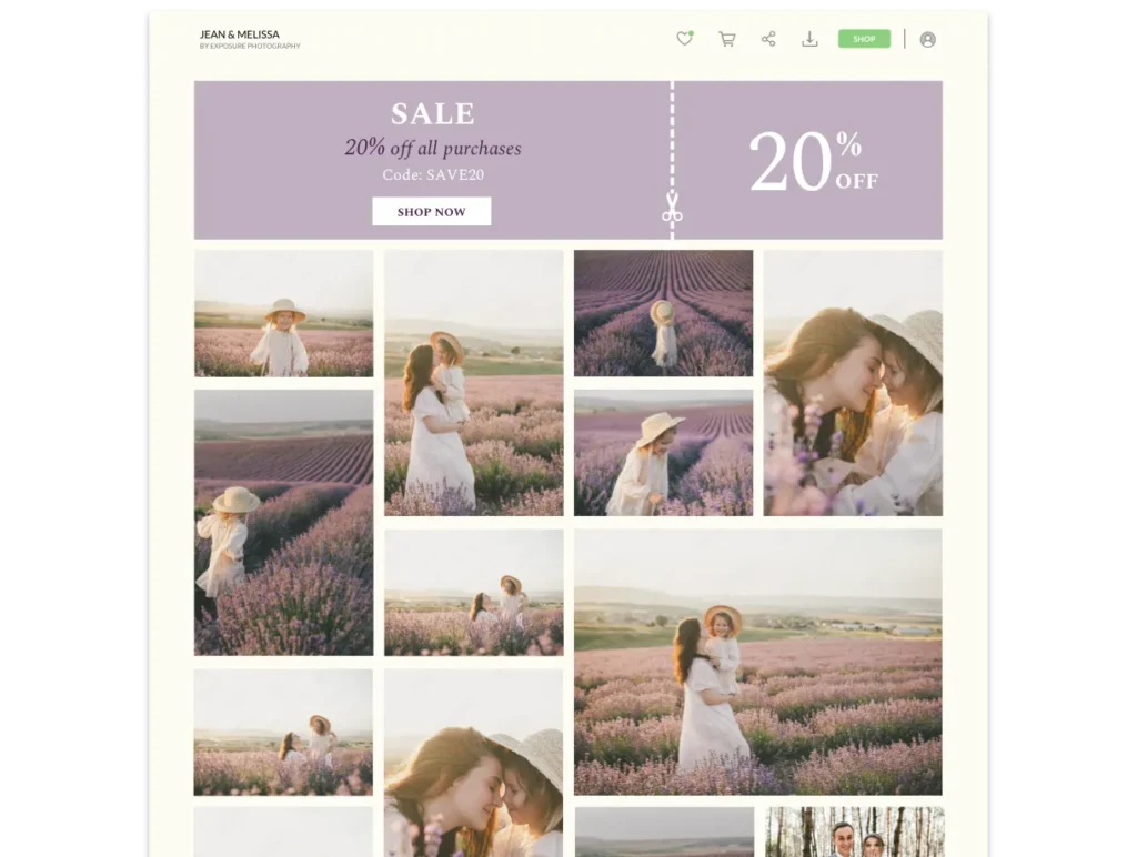 20% off sale announcement with photos of women and children in lavender fields.