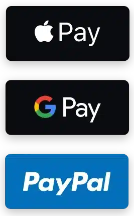 Apple Pay, Google Pay, and PayPal logos.