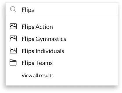 Search results for "Flips": Action, Gymnastics, Individuals, and Teams. View all results option included.