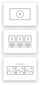 Three icons: video player, three price listings, three images with #hashtag.