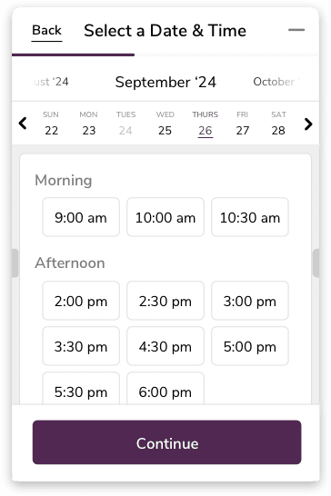 Date and time picker: September 26th, multiple time slots available, Continue button.