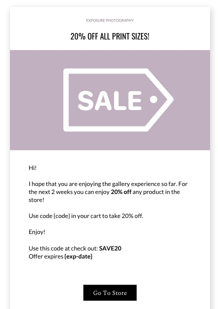 Email announcing 20% off all print sizes; SALE tag graphic; code SAVE20.