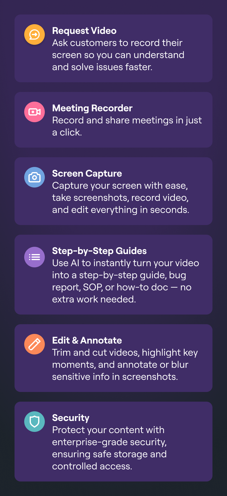 Zight AI Hub for Smarter Work: A circular interface showcasing key features including Request Video, Meeting Recorder, Screen Capture, Security, Edit & Annotate, and Step-by-Step Guides.